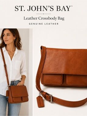 St. John’s Bay Large Leather Crossbody Bag Brown Multi Pocket Adjustable Strap